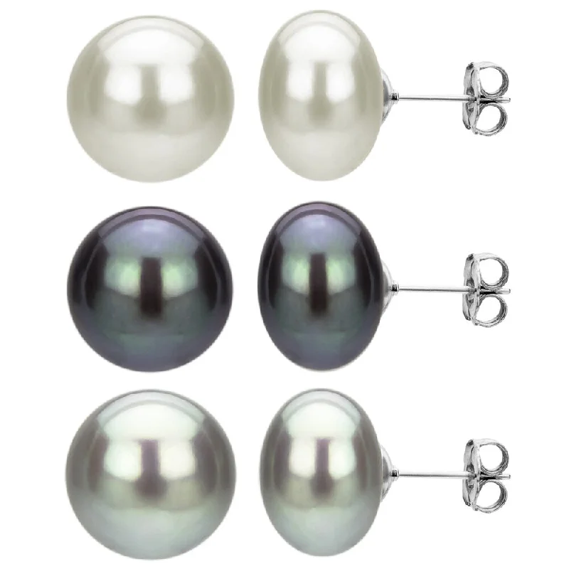 DaVonna 3 pairs Sterling Silver 11-12mm White Black and Grey Freshwater Pearl Stud Earring Set