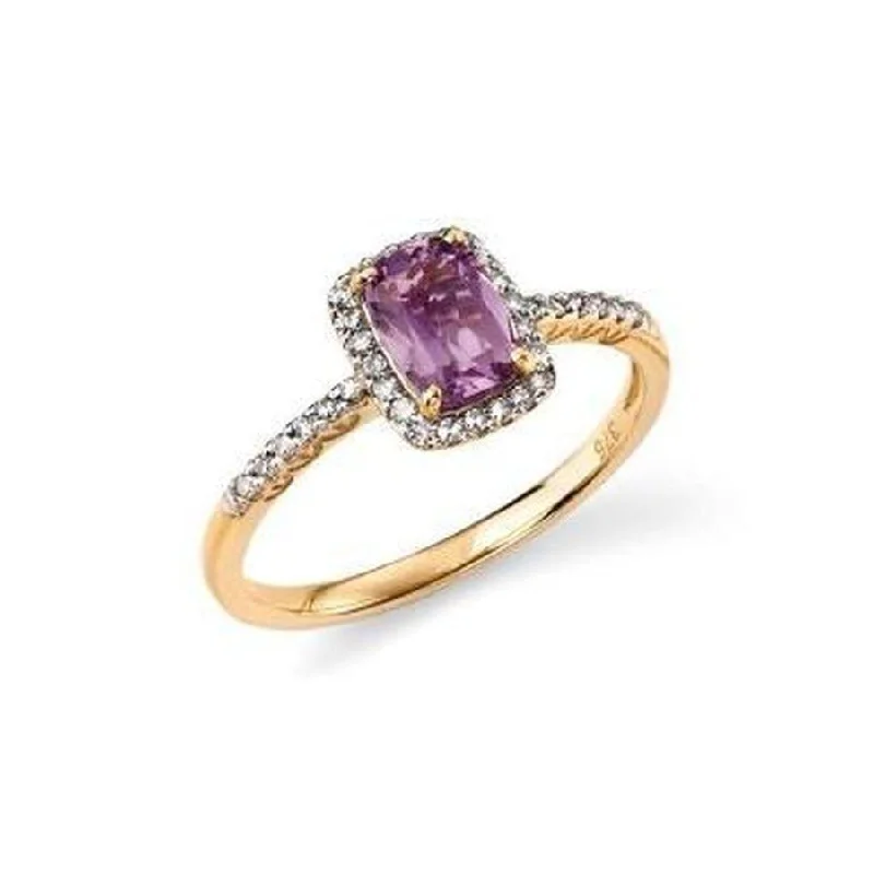 9ct Yellow Gold Amethyst & Diamond Halo Cluster Ring