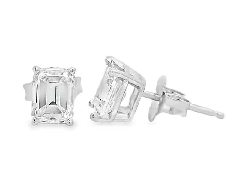 14K White Gold Emerald Cut Natural Diamond Stud Earring - 1.14ctw