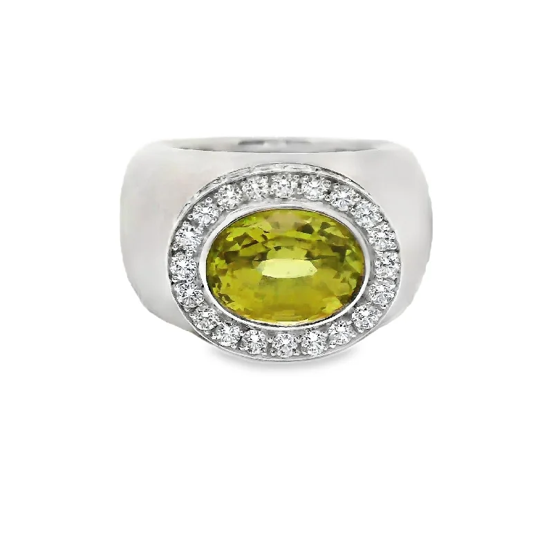 Large Chrysoberyl Diamond 18k White Gold Wide Band Ring, Unisex