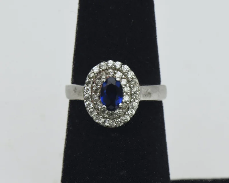 Vintage Sterling Silver Imitation Sapphire Halo Ring - Size 5