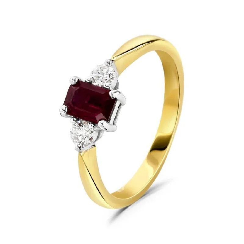 18ct Yellow Gold Octagonal Cut Ruby & Round Brilliant Cut Diamond Trilogy Ring