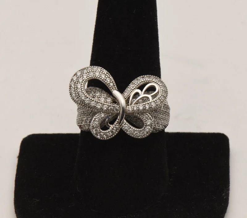 Vintage Butterfly Sterling Silver Cubic Zirconia Ring - Size 9