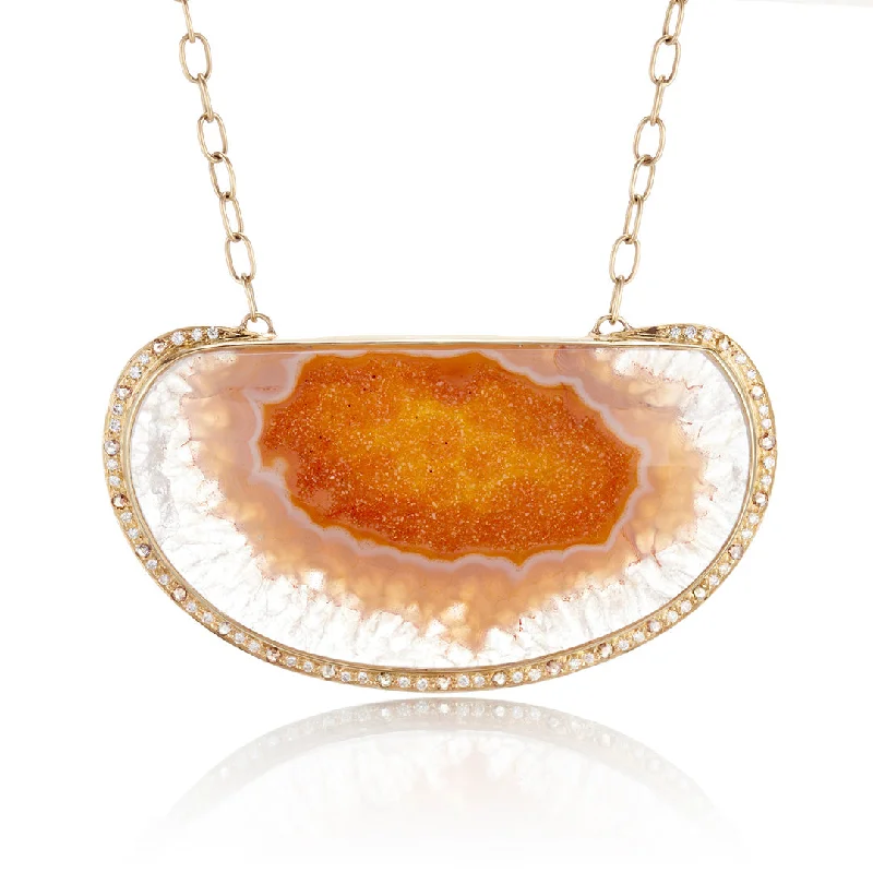 Druzy Quartz with Cognac & White Diamond Pendant Necklace