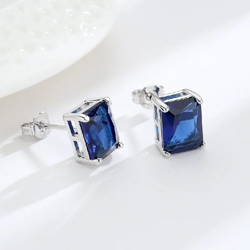 Sterling Silver Emerald Cut Gemstone Earring Studs