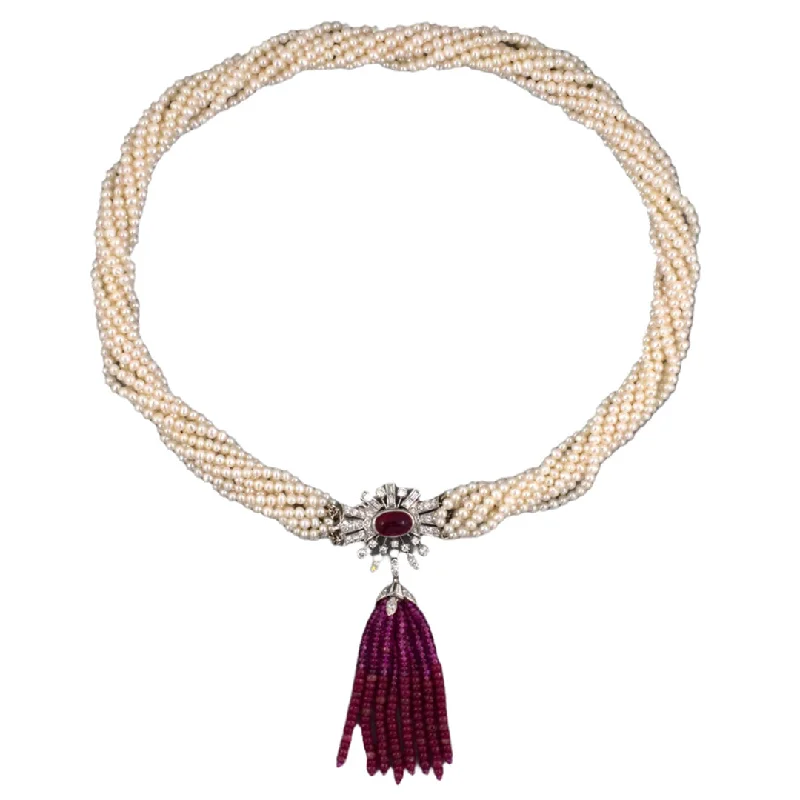 9-Strand Pearl Torsade Necklace with Rubies & Diamonds