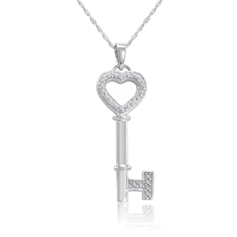 Diamond Key To Hear Heart Pendant Necklace in Sterling Silver 18 inch