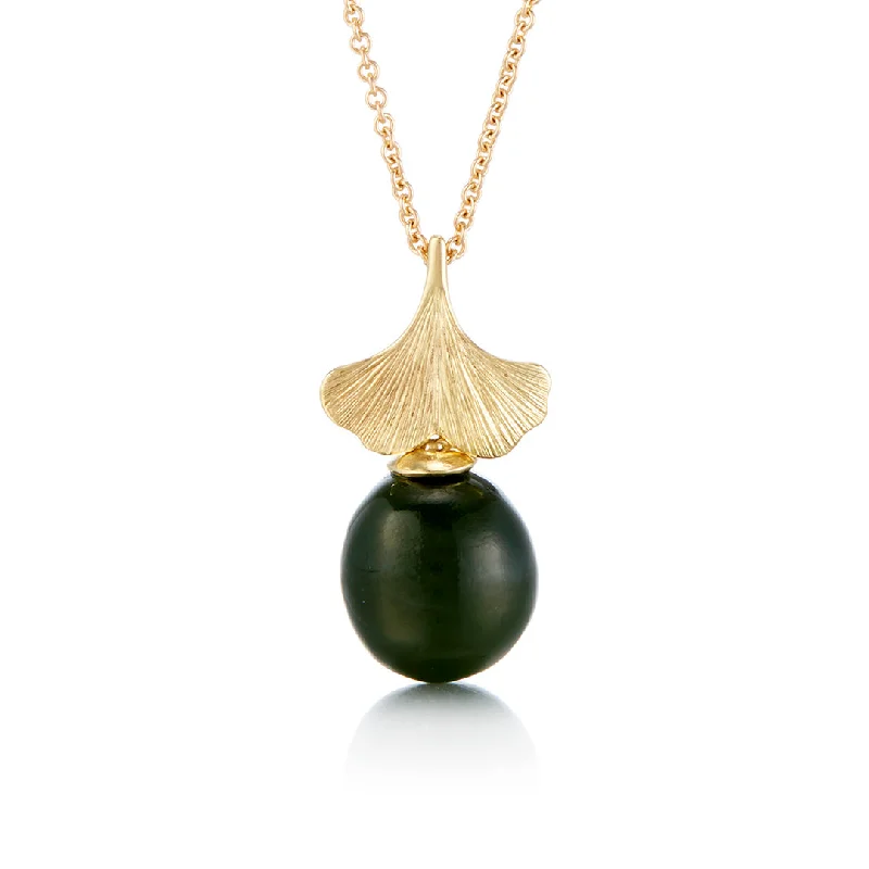 Ginkgo Green Nephrite Jade Pendant Necklace