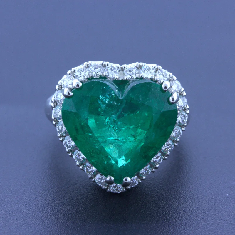 10.40 Carat Colombian Emerald Heart-Shape Diamond Platinum Ring, AGL Certified