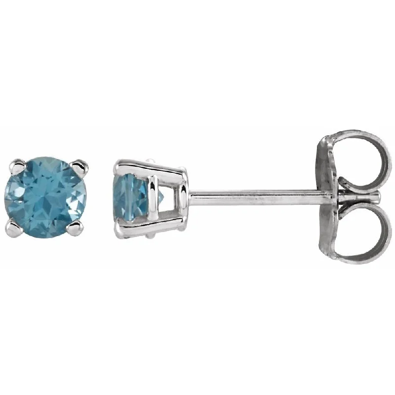 14k White Gold 4 mm Round Swiss Blue Topaz Stud Earring for Women