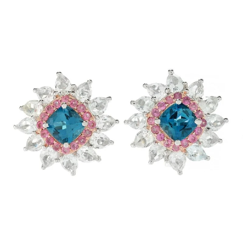 925 Sterling Silver London Blue Topaz,Pink Tourmaline,White Topaz Studs Earring