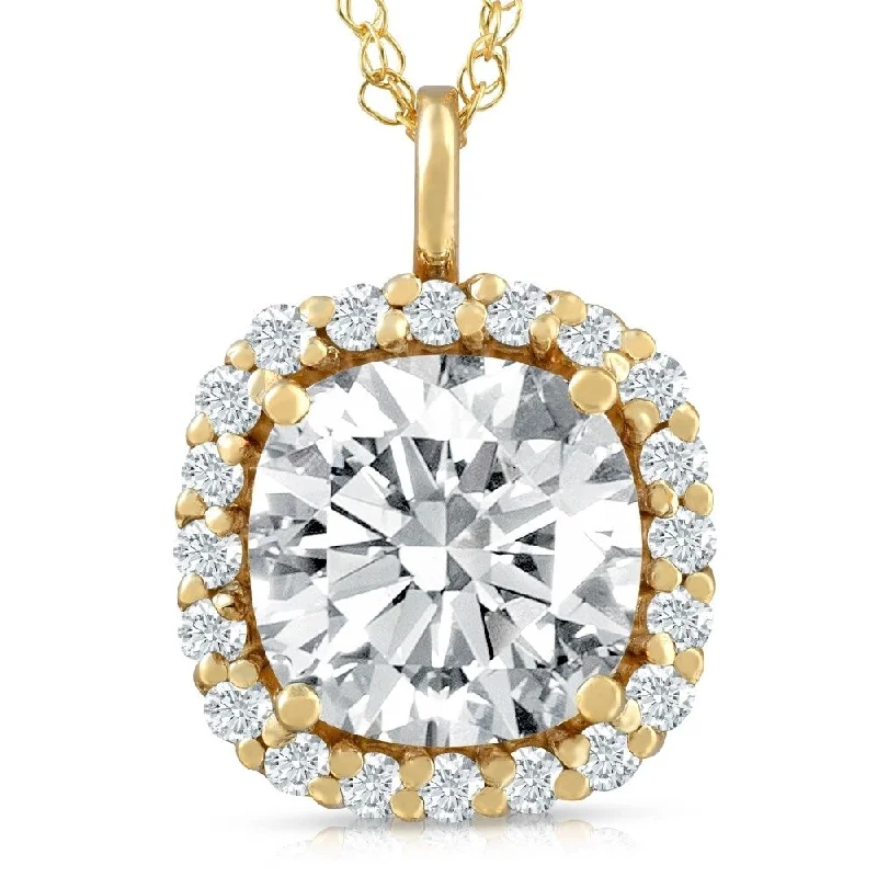 3 5/8 Ct Cushion Moissanite & Lab Grown Diamond Halo Pendant 14k Gold Necklace