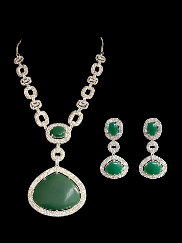 DNS99 CZ necklace set in green   - silver plated ( READY TO SHIP )