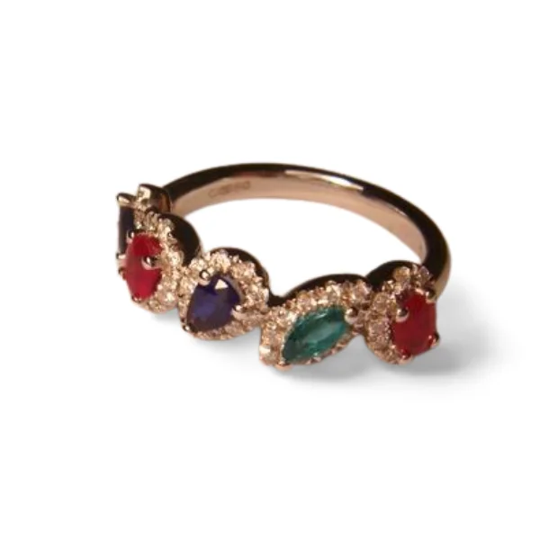 Gorgeous 18K White Gold Ruby Sapphire Emerald Diamond Band Ring