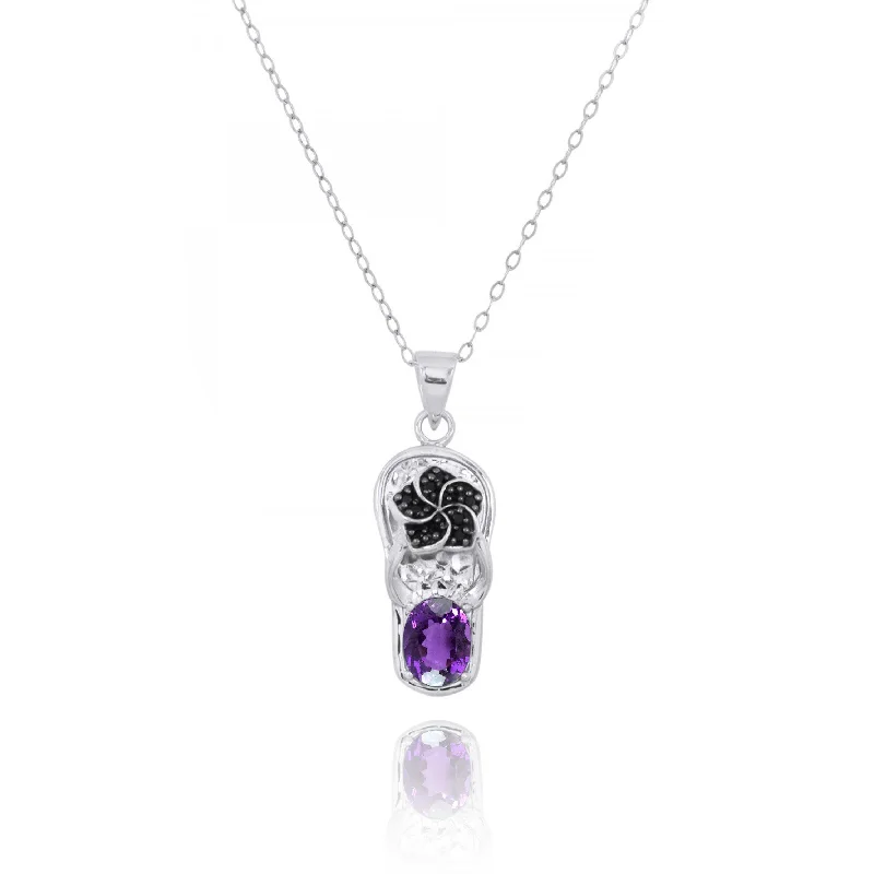 Flip Flop Pendant Necklace with Purple CZ and Black Spinel Hibiscus Flower