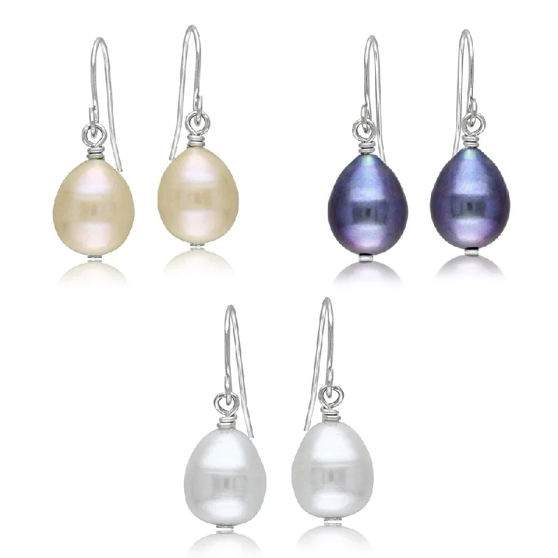 Miadora Silvertone White Pink and Black Cultured Freshwater Rice Pearl Three Pair Earring Set (9-10 mm)